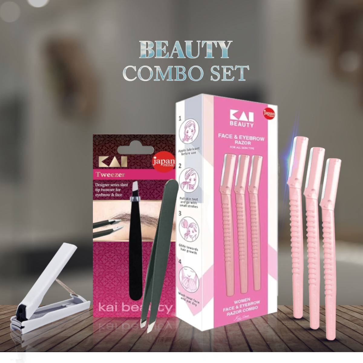 Kai Face & Eyebrow Razor with Professional Tweezer & Nail Clipper