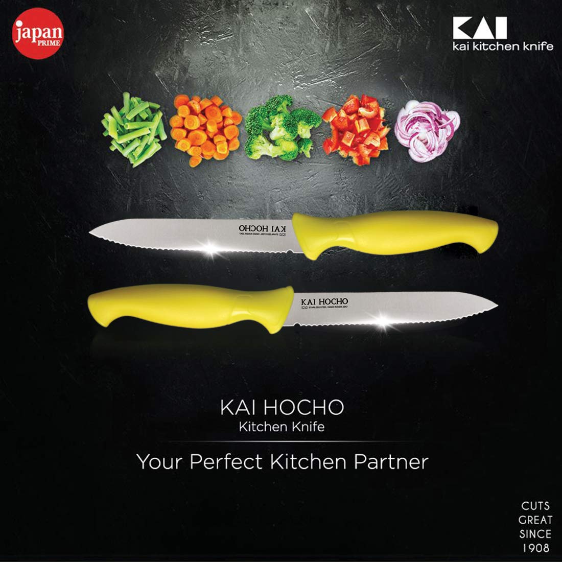 Kai Stainless Steel Vegetable Knife Serrated Blade Set, 2-Piece (Yellow)