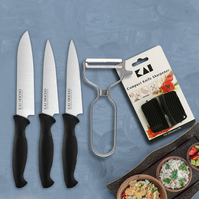 Kai Hocho Premium Utility Knife Gift Set with T-Shaped peeler & Compact Knife Sharpener