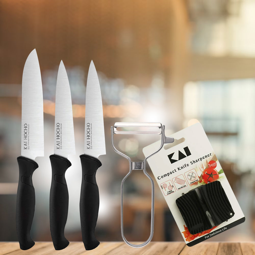 Kai Hocho Premium Utility Knife Gift Set with T-Shaped peeler & Compact Knife Sharpener