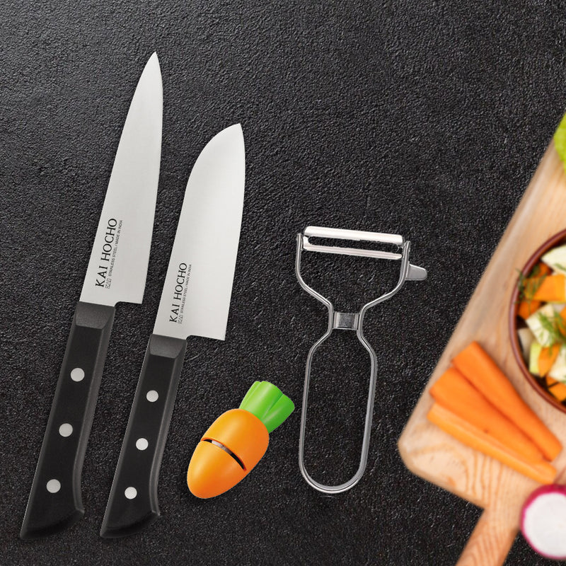 Kai Hocho Premium Chef & Santoku Knife with T-Shaped Peeler & Carrot Knife Sharpener