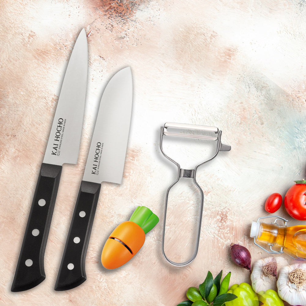 Kai Hocho Premium Chef & Santoku Knife with T-Shaped Peeler & Carrot Knife Sharpener