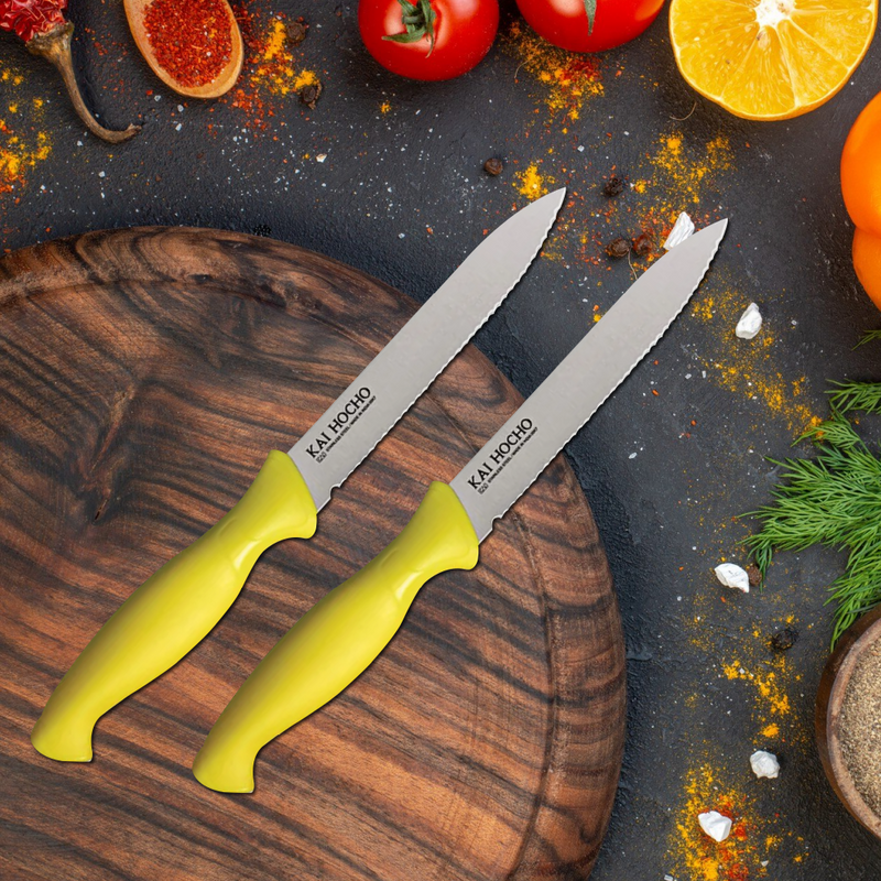 Kai Stainless Steel Vegetable Knife Serrated Blade Set, 2-Piece (Yellow)