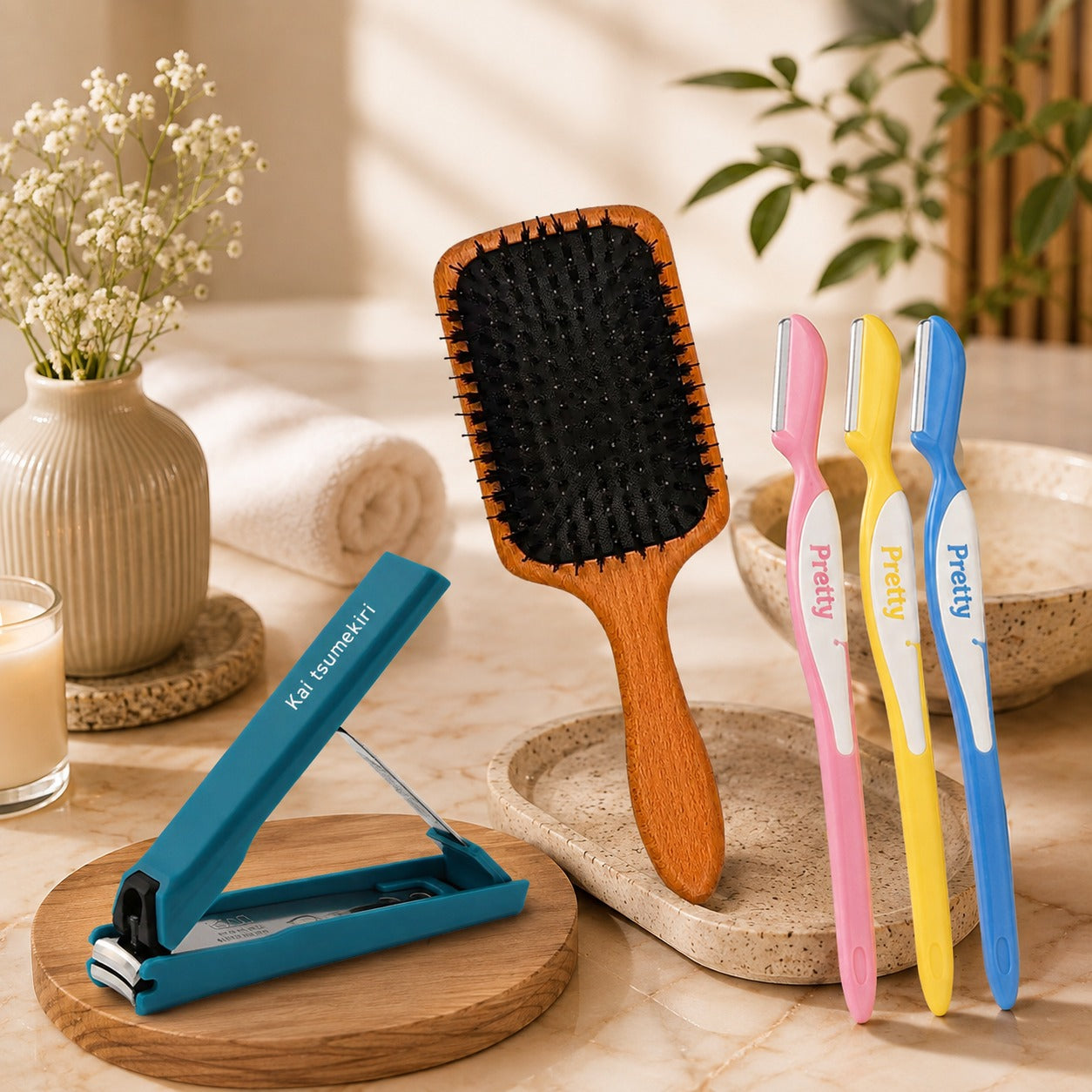 KAI Special Beauty Combo (Professional Paddle Hair Brush, Pretty Eyebrow Grooming Razor & Tsumekiri Nail Clipper)