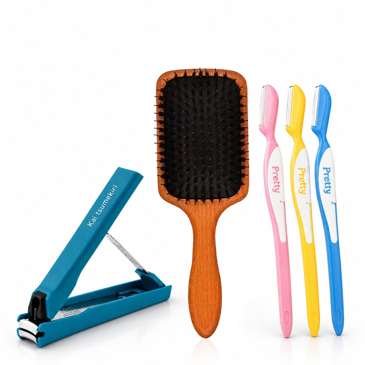 KAI Special Beauty Combo (Professional Paddle Hair Brush, Pretty Eyebrow Grooming Razor & Tsumekiri Nail Clipper)