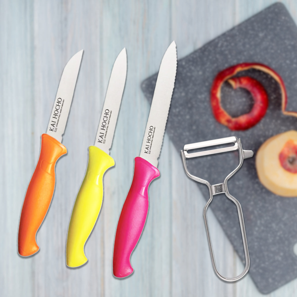 Kai Multicolour Kitchen Knives with T-Shaped Peeler