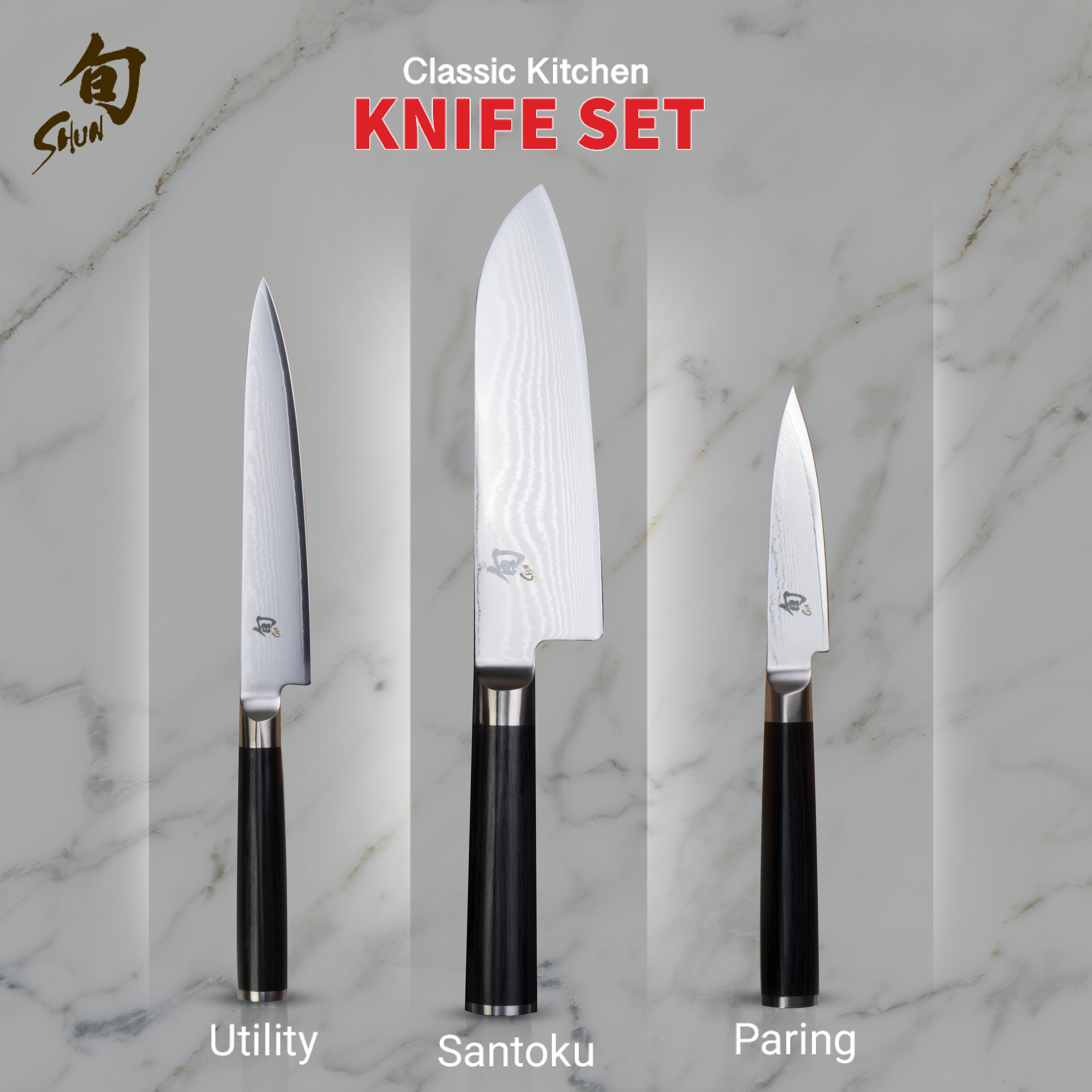 Kai Shun Classic Kitchen Knife Set (Santoku 7'', Utility 6'' and Paring Knife 3.5'')