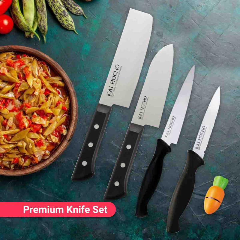 Kai Premium Knife Set [Nakiri, Santoku, Utility & Serrated Knife With Knife Sharpener]