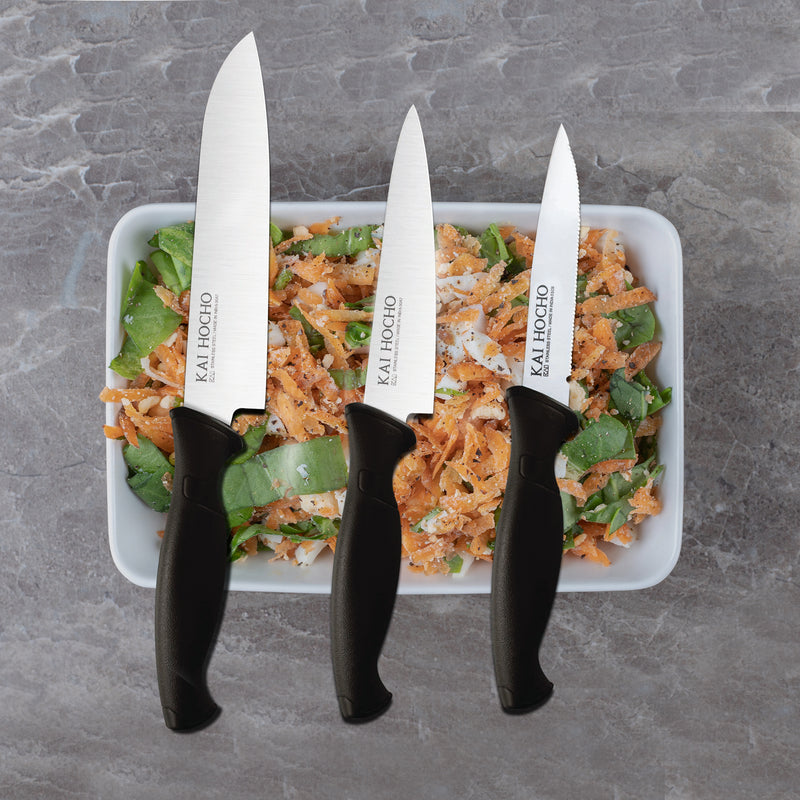 Kai Hocho Kitchen Knife Set (Pack of 3) (Serrated Knife 9.6cm, Utility (M) Knife 14.5cm, Utility (S) Knife 12.5cm Blade)