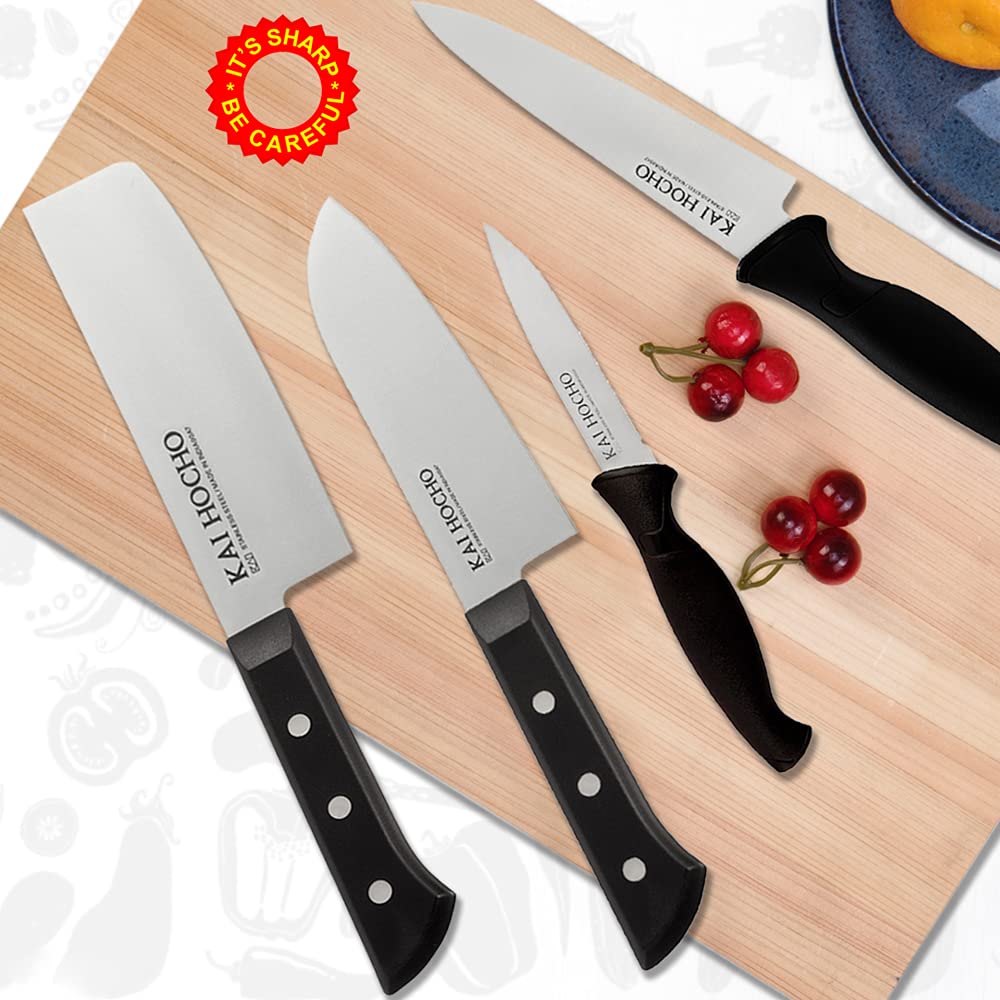 Kai Premium Stainless Steel Knife Set Nakiri Knife, Santoku Knife, Utility Knife & Serrated Knife and Knife Sharpener