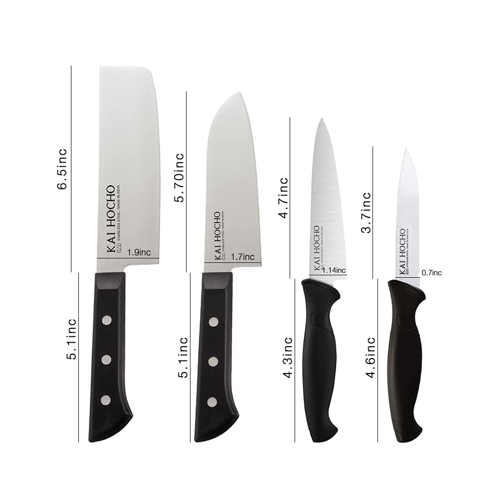 Kai Premium Stainless Steel Knife Set Nakiri Knife, Santoku Knife, Utility Knife & Serrated Knife and Knife Sharpener