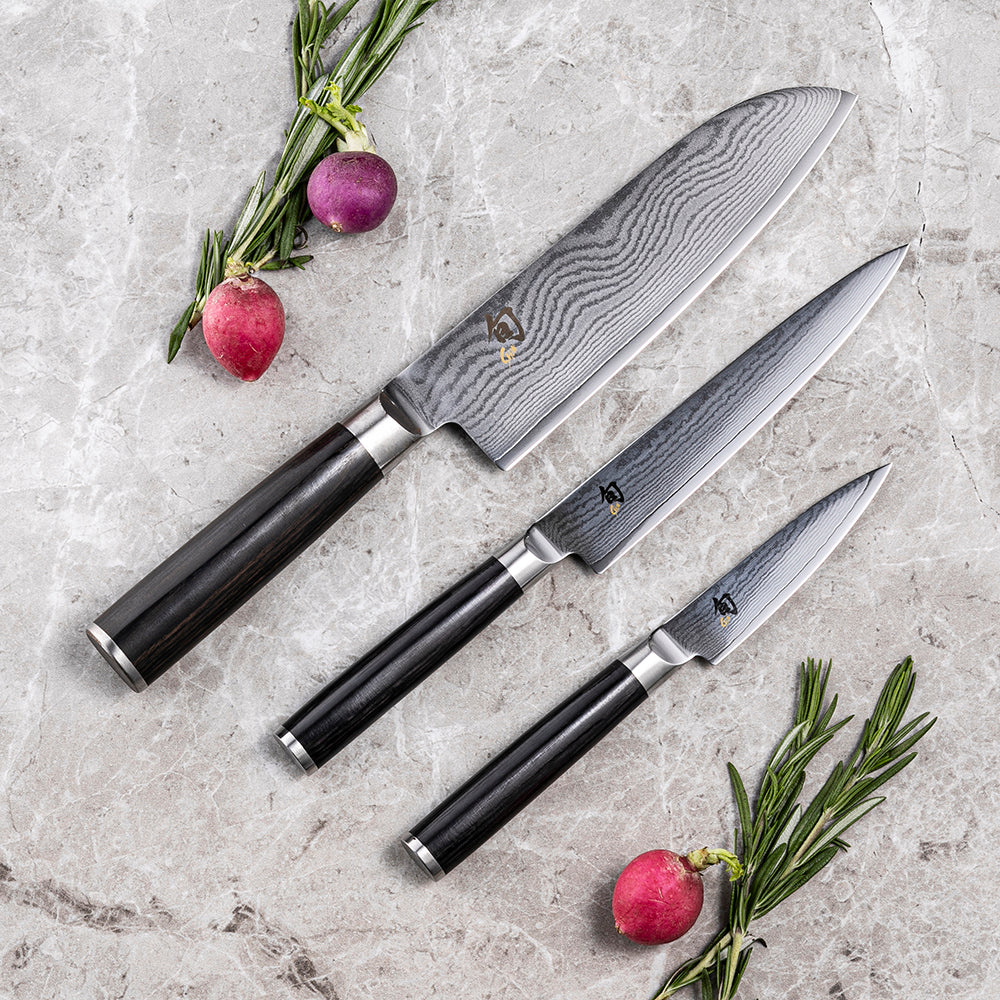 Kai Shun Classic Kitchen Knife, Set of 3 Knife (Santoku 6.5-Inch, Utility 6'' and Paring Knife 3.5'') with D-Shaped Handles